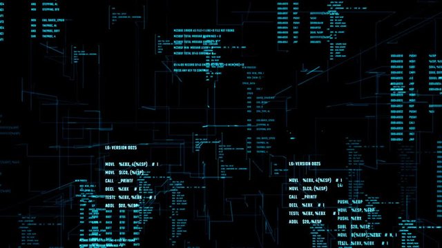 Working program code in a cyberspace. Abstract digital interface on a screen. Seamless loop.