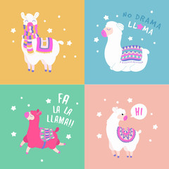 Cute llama and alpaca card. Funny set of lama quote. Cartoon lama character vector illustration.