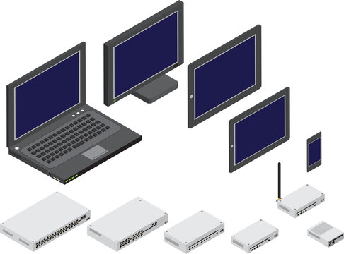 Isometric vector illustration of network devices