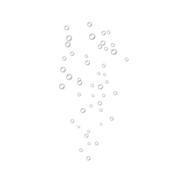 Air bubbles flow on white background. Oxygen in water, sea, aquarium. Fizzy drink.