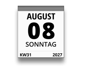 Kalender für Sonntag, 8. AUGUST 2027 (Woche 31)