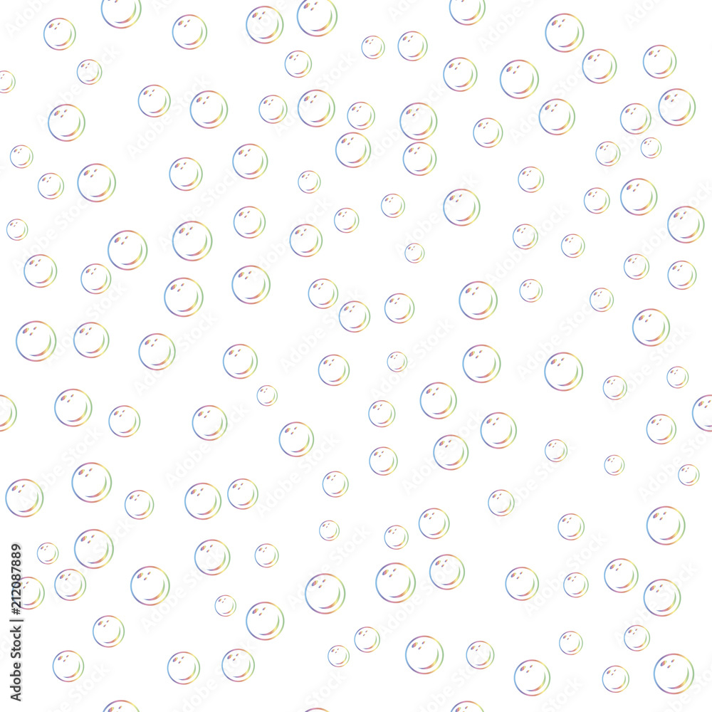 Poster Seamless pattern with realistic transparent colorful soap bubbles with rainbow reflection isolated on white background. Pattern with bubble blower.