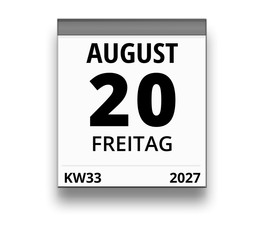 Kalender für Freitag, 20. AUGUST 2027 (Woche 33)