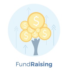 Fundraising vector flat illustration. Money tree, income growth chart, mutual fund, financial report graph. EPS 10