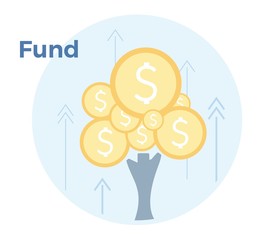 Fundraising vector flat illustration. Money tree, income growth chart, mutual fund, financial report graph. EPS 10