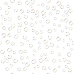 Seamless pattern with realistic transparent colorful soap bubbles with rainbow reflection isolated on white background. Pattern with bubble blower.