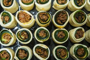 roulade made of zucchini, eggplant, pork baked in salty cake