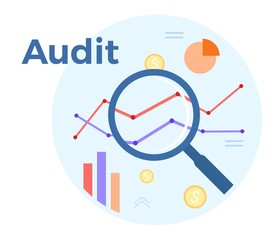 Audit analysis vector flat illustration. Concept of accounting, analysis, audit, financial report. Auditing tax process. EPS 10