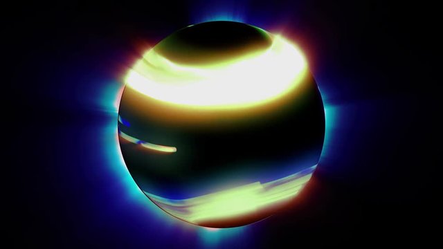 Multicolored striped ball quickly rotates, seamless loop. 3D motion graphics, 4K abstract animation.