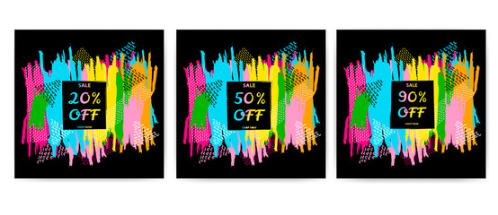 Sale posters set. Colorful brush strokes backgrounds and geometric figures.