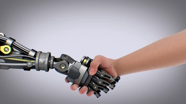 Handshake with robot in 4K resolution, 3d animation with alpha matte and green screen.
