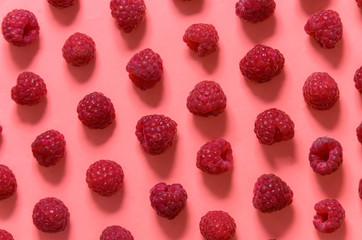 Background of ripe juicy berry raspberries in the style of pop art on pink.