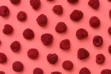 Background of ripe juicy berry raspberries in the style of pop art on pink.
