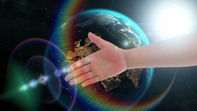 Handshake with robot, 3d animation concept in space on Earth background. Textures of Planet were created in graphic editor without photos. Pattern of city lights furnished by NASA.
