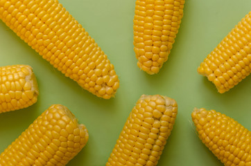 Bright ripe yellow corn on a green background in the style of pop art.