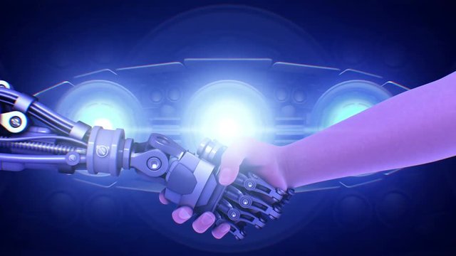 Handshake with robot on sci-fi device background. Futuristic 3d animation in 4K.