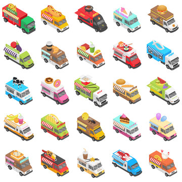 Food truck street transport icons set. Isometric illustration of 25 food truck street transport vector icons for web