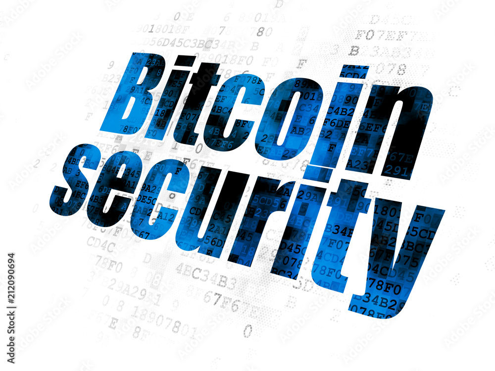 Poster cryptocurrency concept: pixelated blue text bitcoin security on digital background