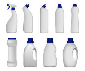 Detergent bottle cleaning powder washing mockup set. Realistic illustration of 9 detergent bottle cleaning powder washing mockups for web