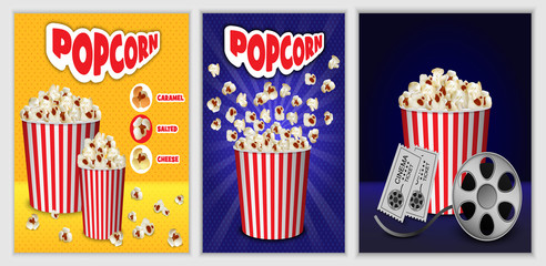 Popcorn cinema box striped banner concept set. Realistic illustration of 3 popcorn cinema box striped banner horizontal concepts for web - obrazy, fototapety, plakaty