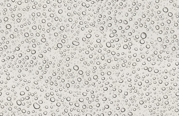 Seamless texture of water drops on grey metal background. Small various drops with shadows on gray metalic paint. Flat view. Clear abstract water background with copyspace