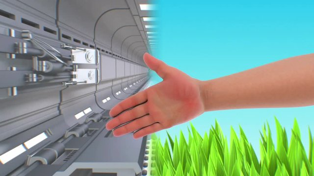 Technology and people connect. 3D animated concept of unity two worlds. Handshake with robot in 4K resolution.