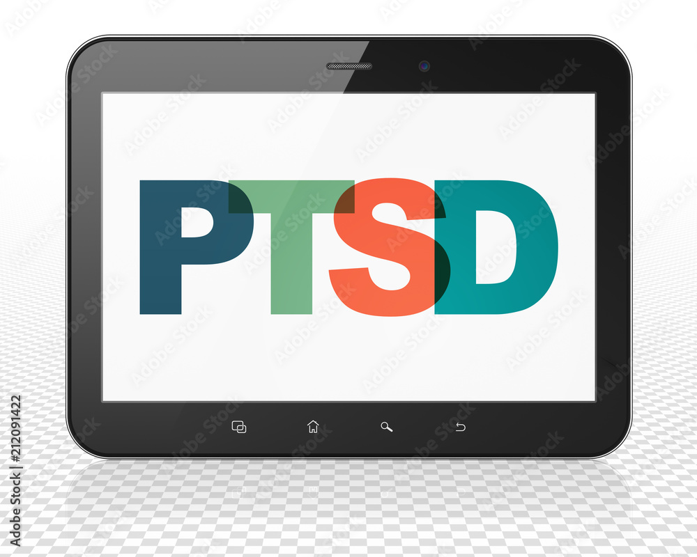 Aufkleber medicine concept: tablet pc computer with painted multicolor text ptsd on display, 3d rendering