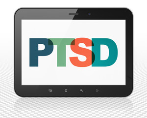 Medicine concept: Tablet Pc Computer with Painted multicolor text PTSD on display, 3D rendering