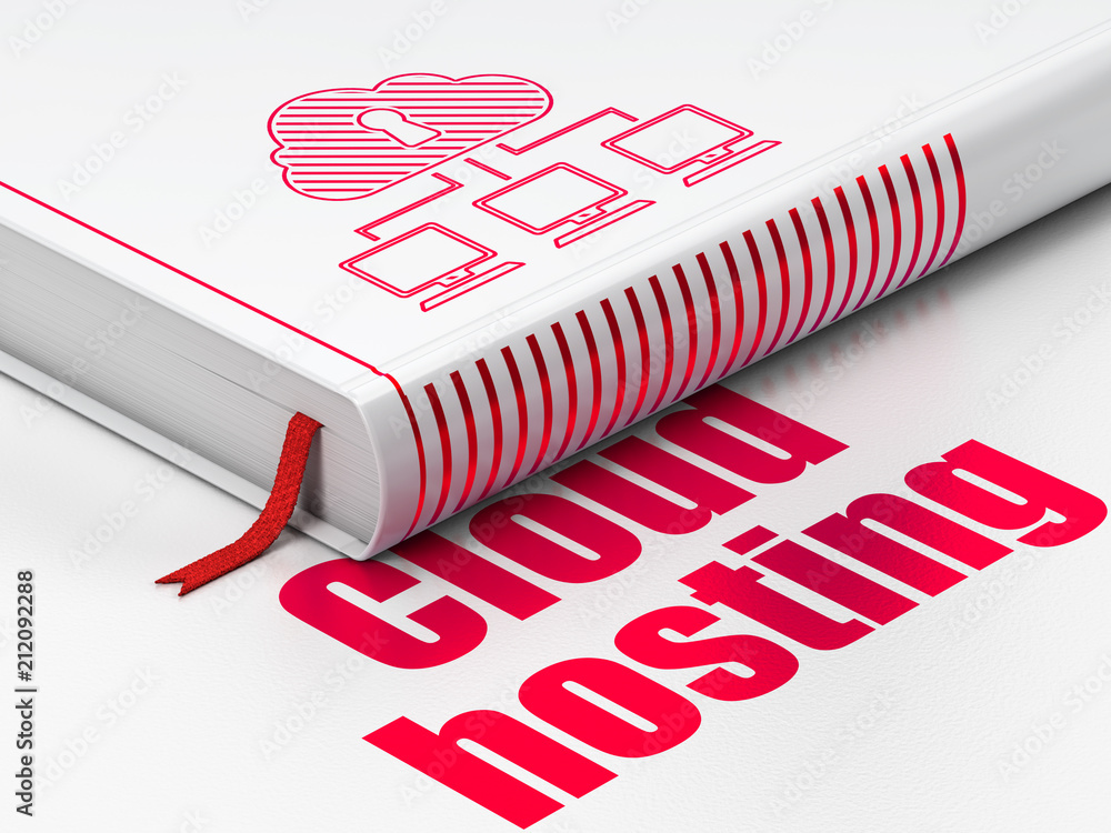Aufkleber cloud computing concept: closed book with red cloud network icon and text cloud hosting on floor, wh