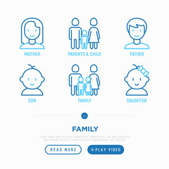 Family thin line icons set: mother, father, newborn, son, daughter. Vector illustration.