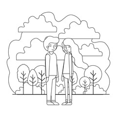young couple in the field avatars characters vector illustration design