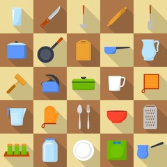 Kitchenware tools cook icons set. Flat illustration of 25 kitchenware tools cook vector icons for web