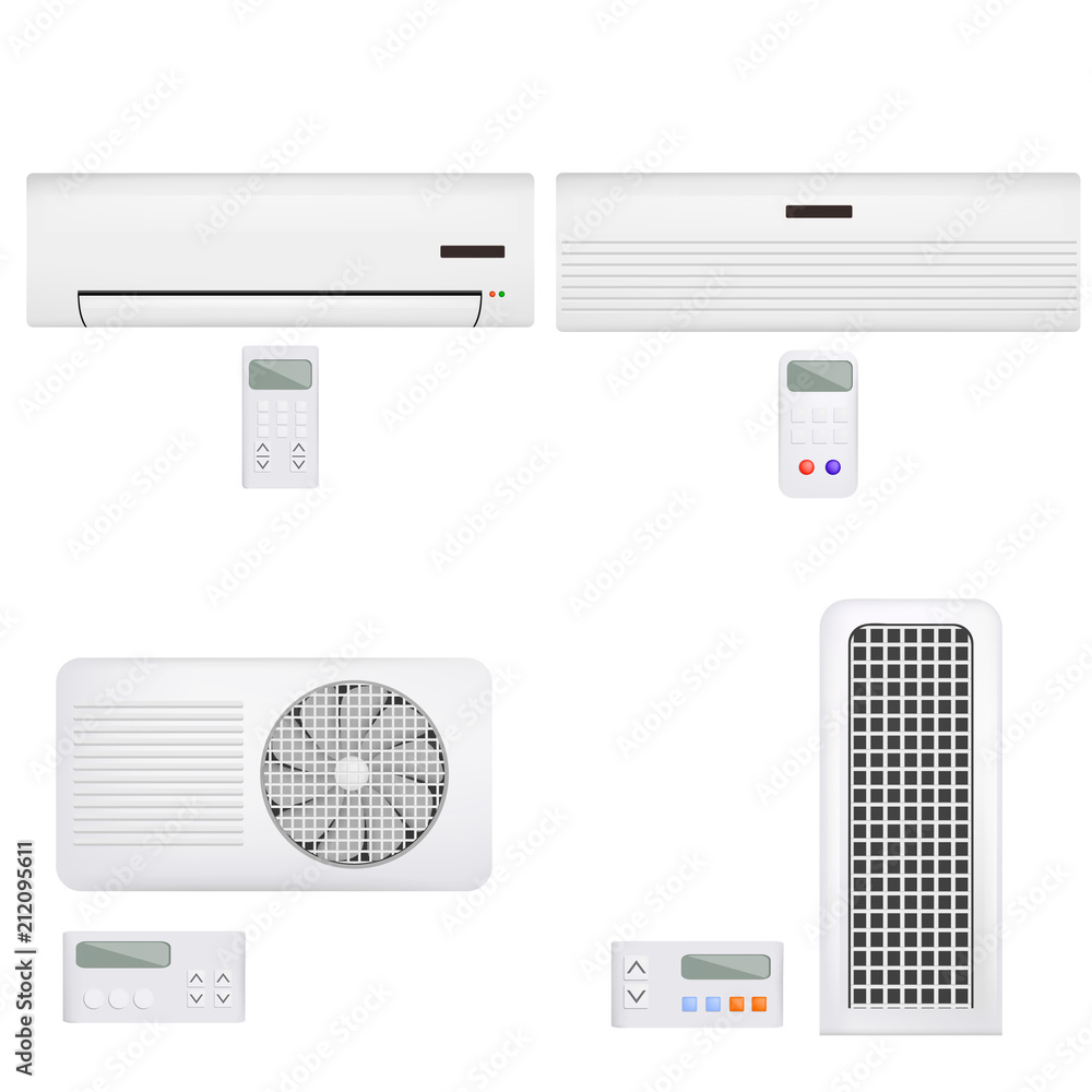Poster conditioner air filter vent remote mockup set. realistic illustration of 4 conditioner air filter ve