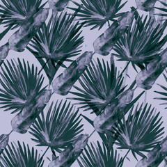 Modern Cool Banana, Fan Leaves Textile, Seamless Tropical Watercolor Pattern. Botanical Grunge Textile Design Jungle Hipster Summer Background. Hand Drawn Jungle Leaves, Tropical Watercolour Pattern.