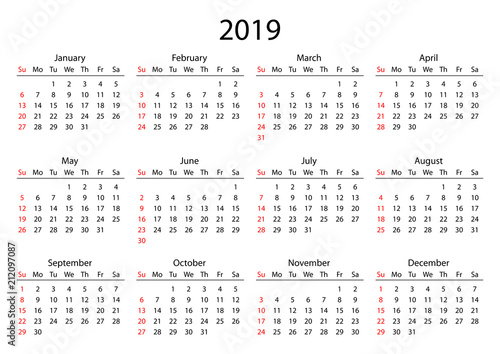 calendar 2019 calendar grid 2019 year black on white background sunday calander