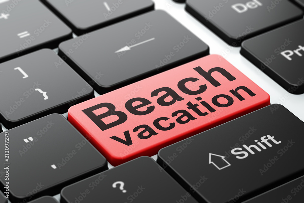 Poster travel concept: computer keyboard with word beach vacation, selected focus on enter button backgroun