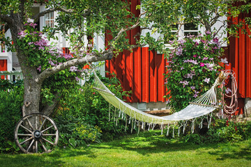 Picture of backyard area with hammock and old vintage details on the green grass