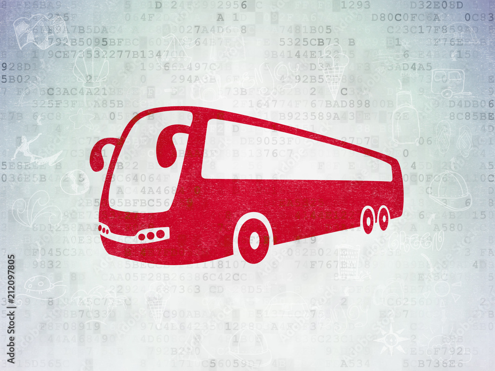 Poster vacation concept: painted red bus icon on digital data paper background with scheme of hand drawn va