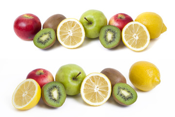Fototapeta na wymiar Lemon with apples and kiwi on white background. Kiwi with lemon on a white background. Fruits on a white background.