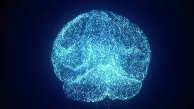 Digital Artificial Intelligence brain forms and grows in particle cloud of binary data in futuristic cyberspace. Neural network deep learning technology concept. 3D animation, alpha matte included.