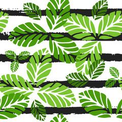 Tropical seamless pattern. Vector background with green leaves and black stripes