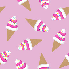 pink and white ice cream cone twisted on a pink background sprinkled with colorful candy moon star waffle pattern seamless vector - 212100635