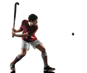 one caucasian field hockey player man isolated silhouette on white background