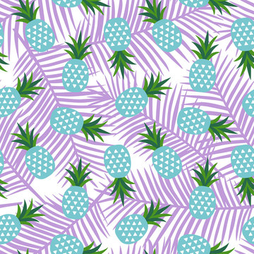 blue pineapple with triangles geometric fruit summer tropical exotic hawaii sweet pattern on a purple palm leaves background seamless vector
