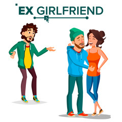 Ex Girlfriend Vector. Young Couple. Past Relationship Concept. Shocked Man. Breaking Up Divorce. Isolated Flat Cartoon Illustration