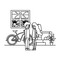couple in the livingroom with houseplants and bicycle vector illustration