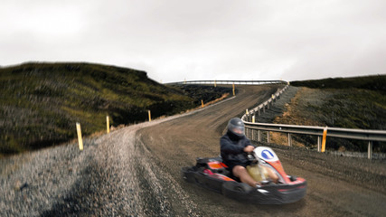 Go kart speed, indoor opposition race. Karting competition or racing cars riding off-road