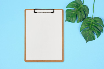 Clipboard with white sheet on pastel color background, Minimal concept