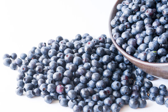 Forest blueberries on a plate on a white background close up, top view.