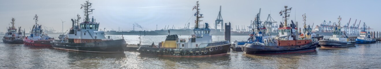 Schlepper in einer Reihe am Anleger im Hamburger Hafen